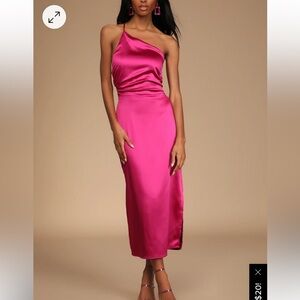 Lulu’s Magenta Satin One-Shoulder Lace-Up Midi Dress Small